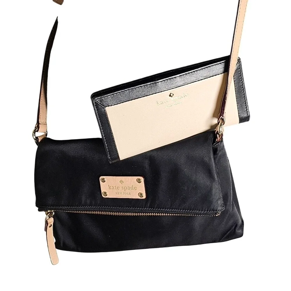 Kate Spade Wilson Road Nylon Crossbody Black and Pink with Wallet